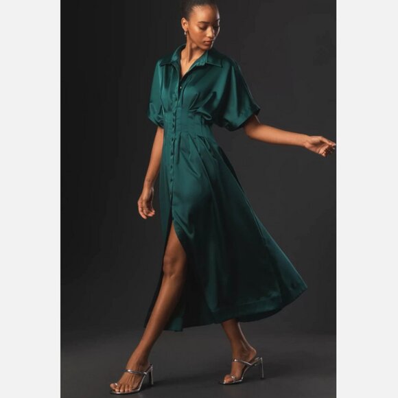 Anthropologie The Tobie Satin Shirt Dress by Exquise Rainforest Green Size M NWT - Picture 2 of 6